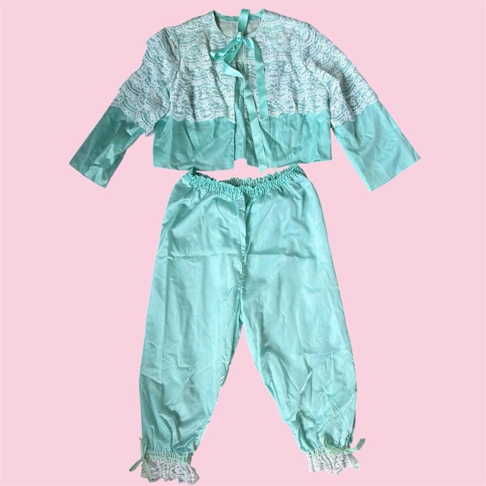 Vintage italian handmade Mint green lace bloomers and matching top set